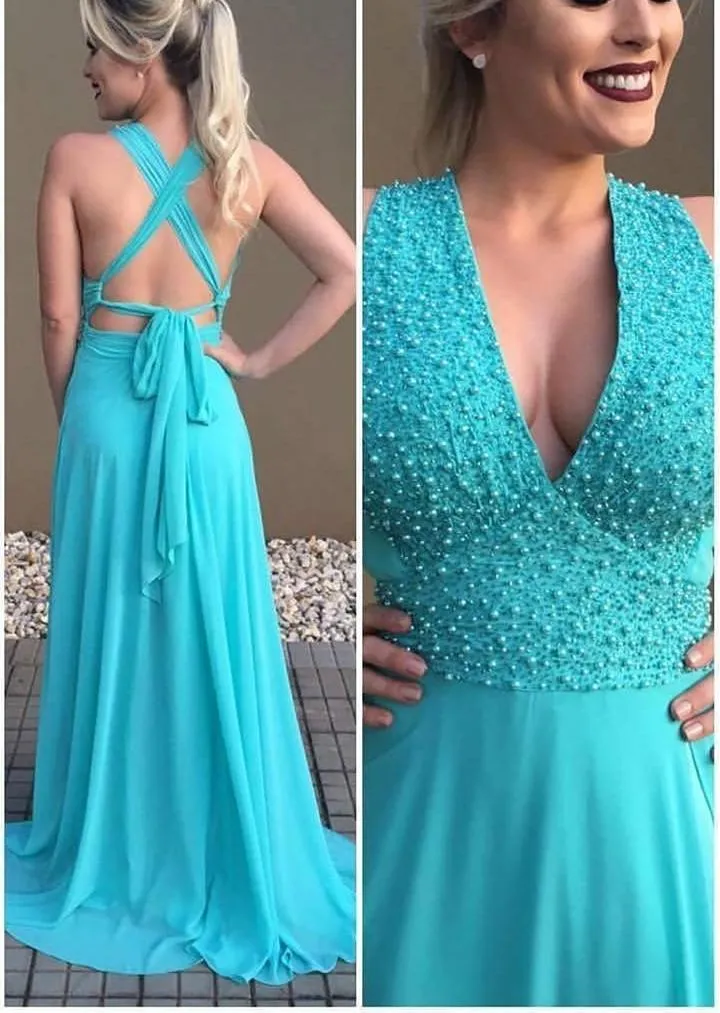 A-line Deep-V Sweep Train Chiffon  Beaded Elegant Prom Dresses 2786