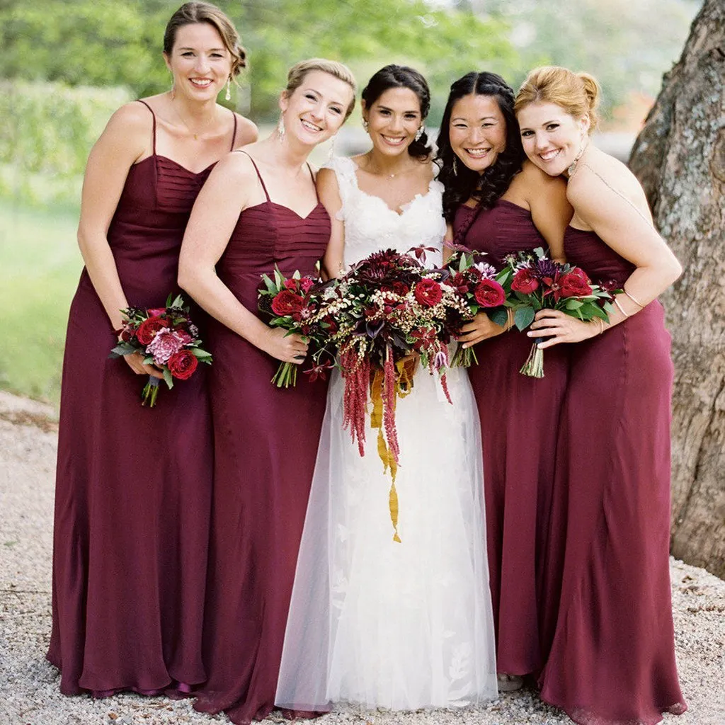 A-line Halter/Spaghetti Strap Floor Length Chiffon Burgundy Bridesmaid Dresses HX00114