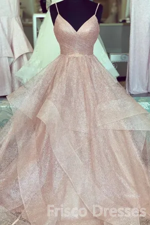 A Line Rose Gold Pleated Bodice Ruffled Long Prom Dresses