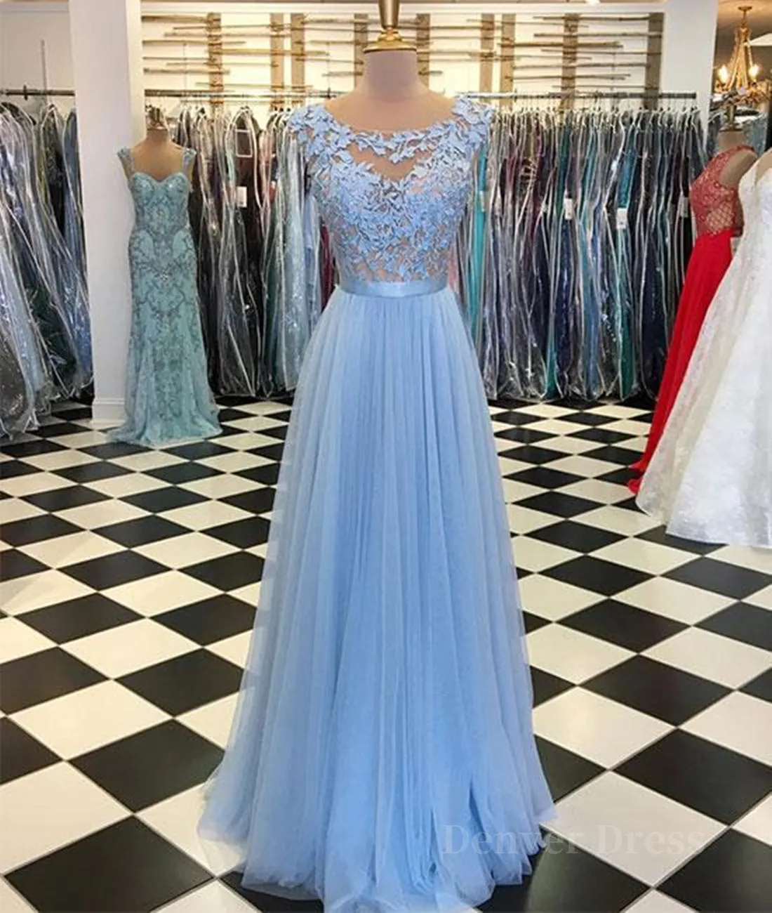 A Line Round Neck Blue Lace Appliques Tulle Long Prom Dresses Blue Lace Graduation Dresses Blue Evening Formal Dresses