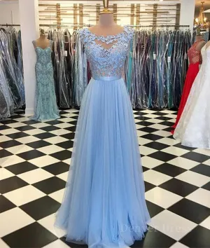 A Line Round Neck Blue Lace Appliques Tulle Long Prom Dresses Blue Lace Graduation Dresses Blue Evening Formal Dresses