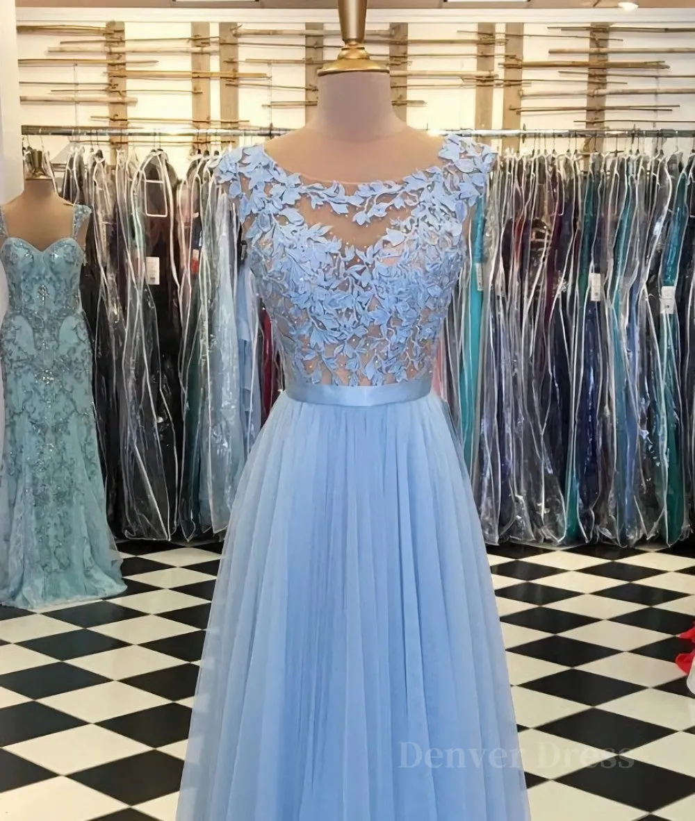 A Line Round Neck Blue Lace Appliques Tulle Long Prom Dresses Blue Lace Graduation Dresses Blue Evening Formal Dresses