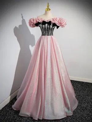 A-Line Shiny Tulle Long Pink Corset Prom Dress Off the Shoulder Pink Evening Dress