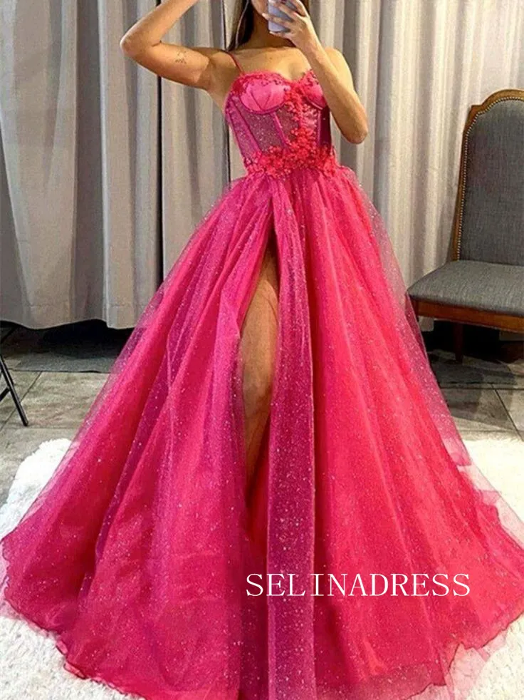 A-line Spaghetti Straps Hot Pink Long Prom Dresses Shiny Evening Dress TKH004