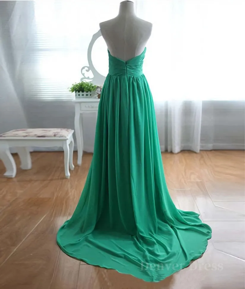 A-Line Strapless Sweetheart Neck Green Chiffon Long Prom Dresses Green Evening Dresses