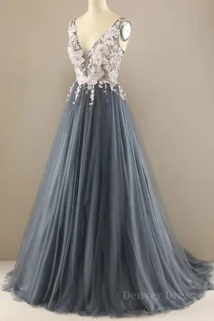 A Line V Neck Open Back Appliques Gray Long Prom Dresses V Neck Grey Formal Dresses Gray Evening Dresses