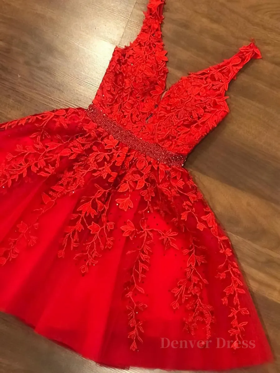 A Line V Neck Short Red Lace Prom Dresses Short Red Lace Formal Homecoming Dresses