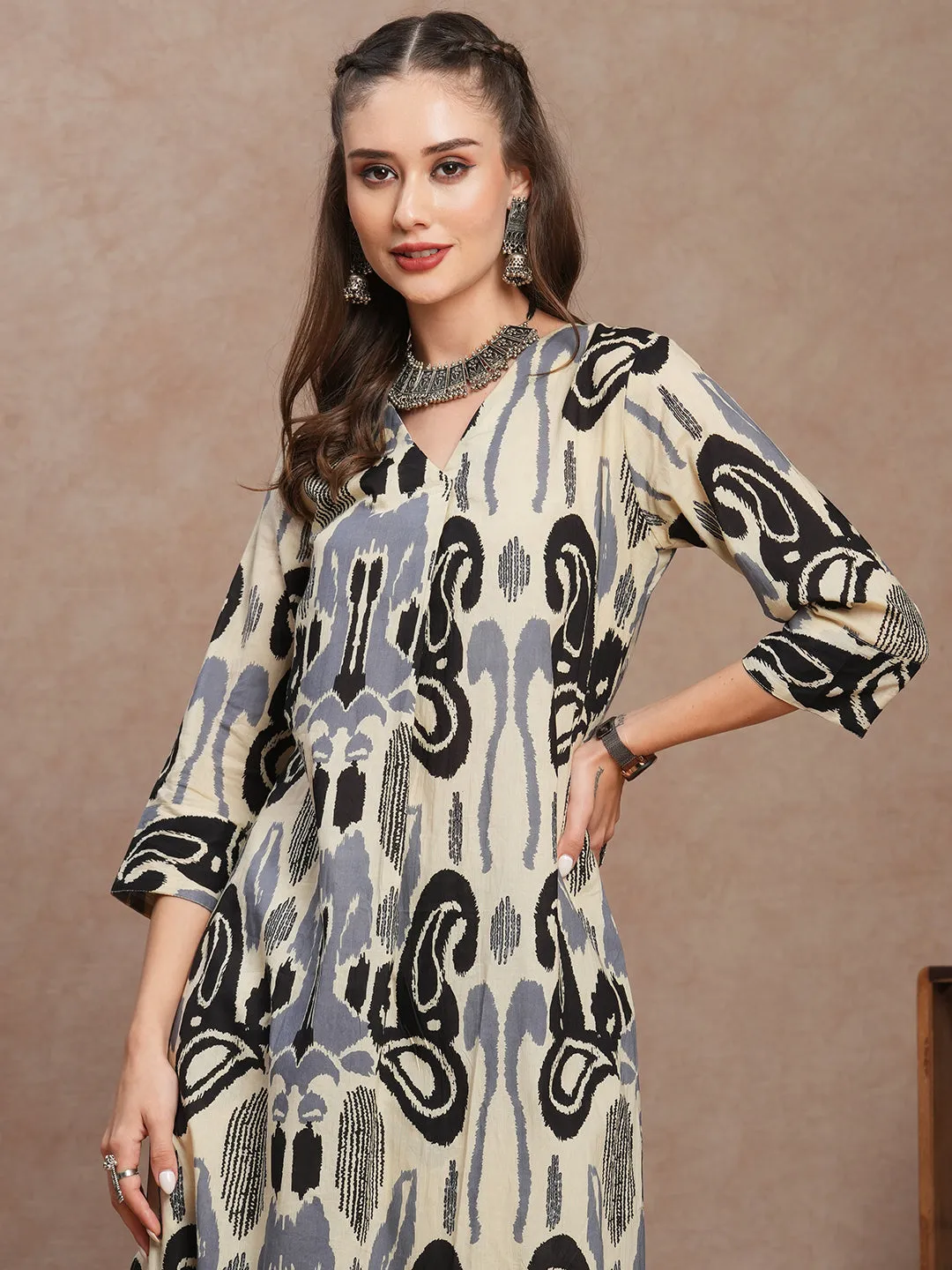 Abstract Ethnic Ikat Printed A-Line Co-ord Set - Cream