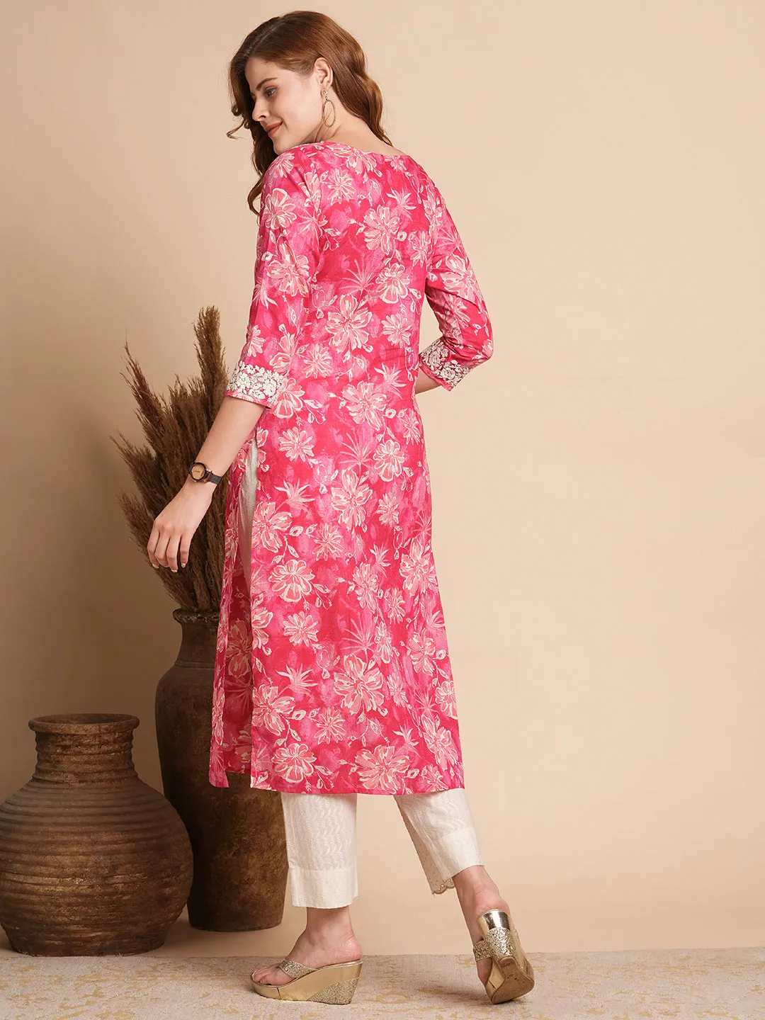 Abstract Floral Foil Printed & Chikankari Embroidered Straight Fit Kurta - Hot Pink