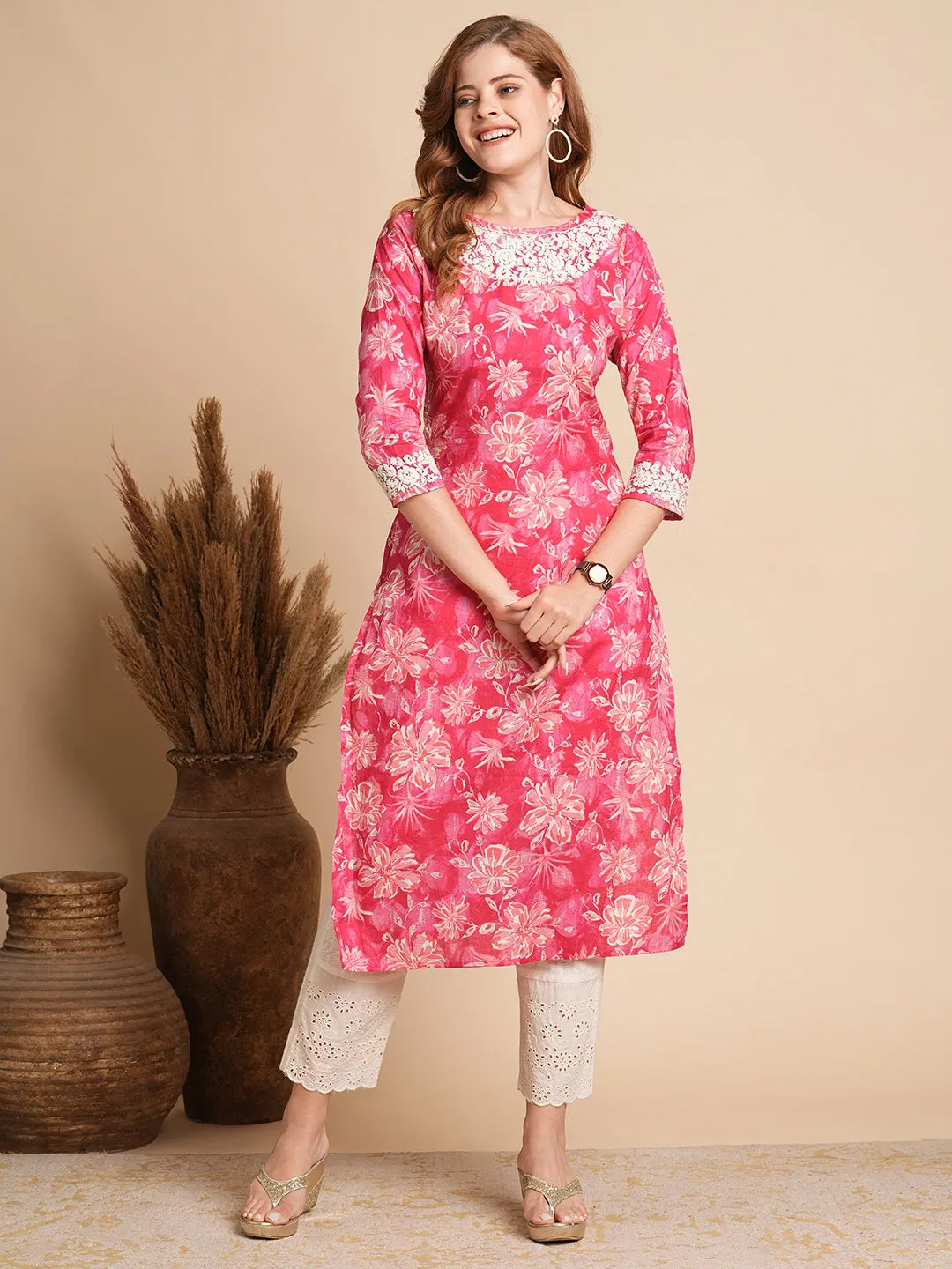 Abstract Floral Foil Printed & Chikankari Embroidered Straight Fit Kurta - Hot Pink