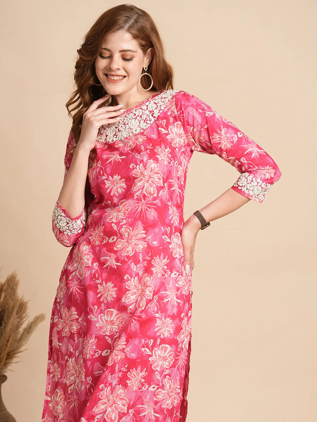 Abstract Floral Foil Printed & Chikankari Embroidered Straight Fit Kurta - Hot Pink