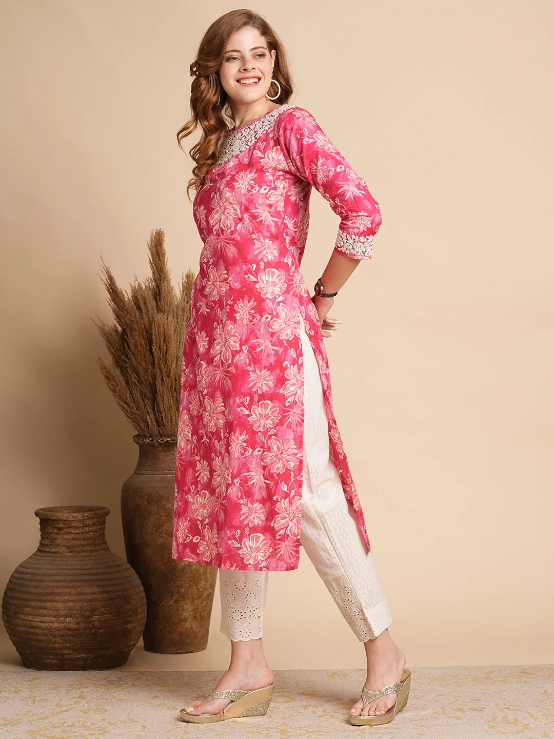 Abstract Floral Foil Printed & Chikankari Embroidered Straight Fit Kurta - Hot Pink