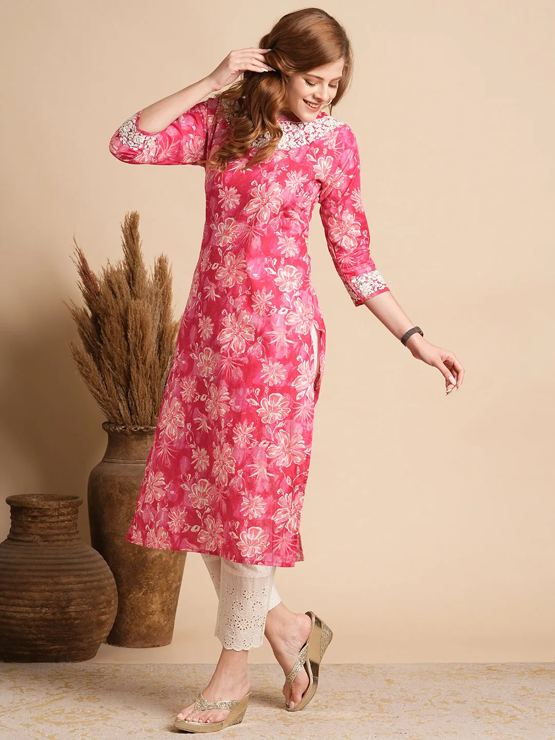 Abstract Floral Foil Printed & Chikankari Embroidered Straight Fit Kurta - Hot Pink