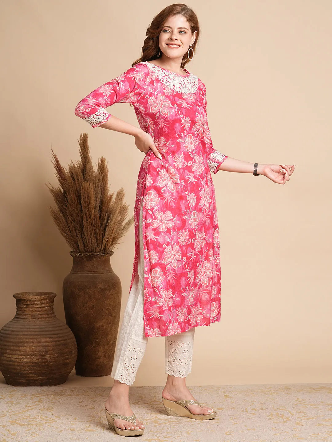 Abstract Floral Foil Printed & Chikankari Embroidered Straight Fit Kurta - Hot Pink