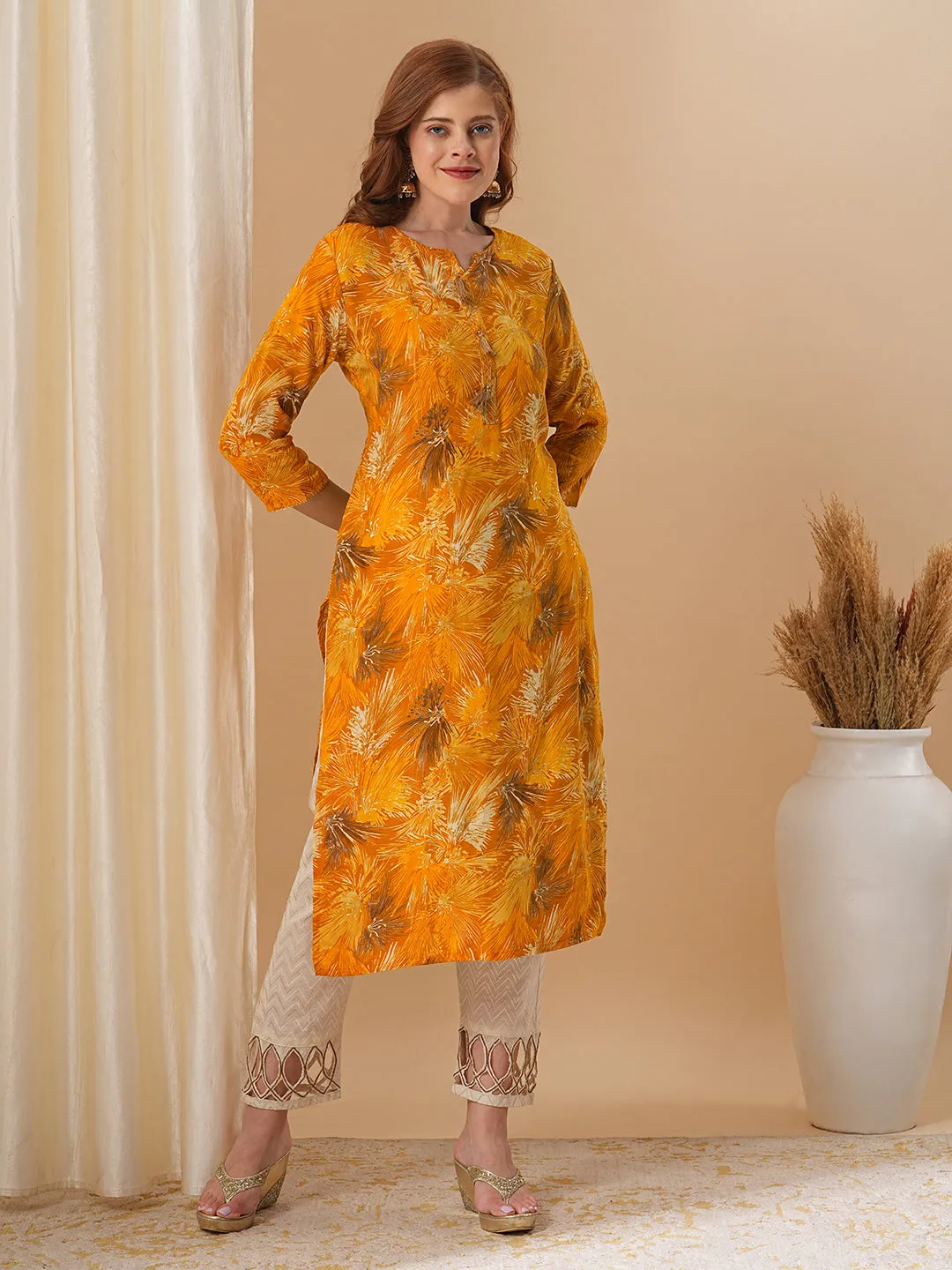 Abstract Floral Foil Printed Straight Fit Kurta - Mustard