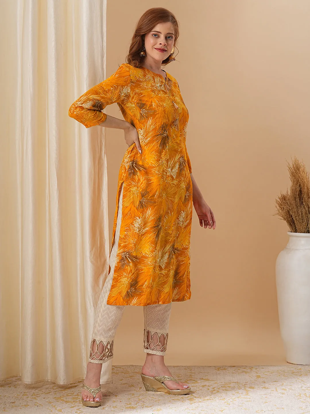 Abstract Floral Foil Printed Straight Fit Kurta - Mustard