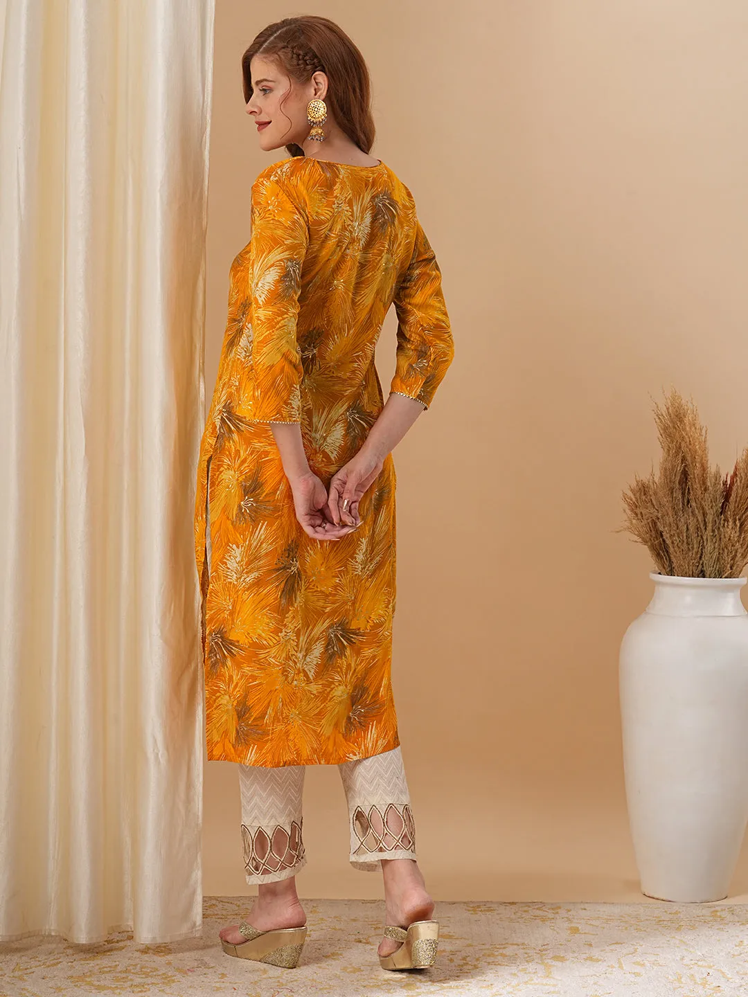 Abstract Floral Foil Printed Straight Fit Kurta - Mustard