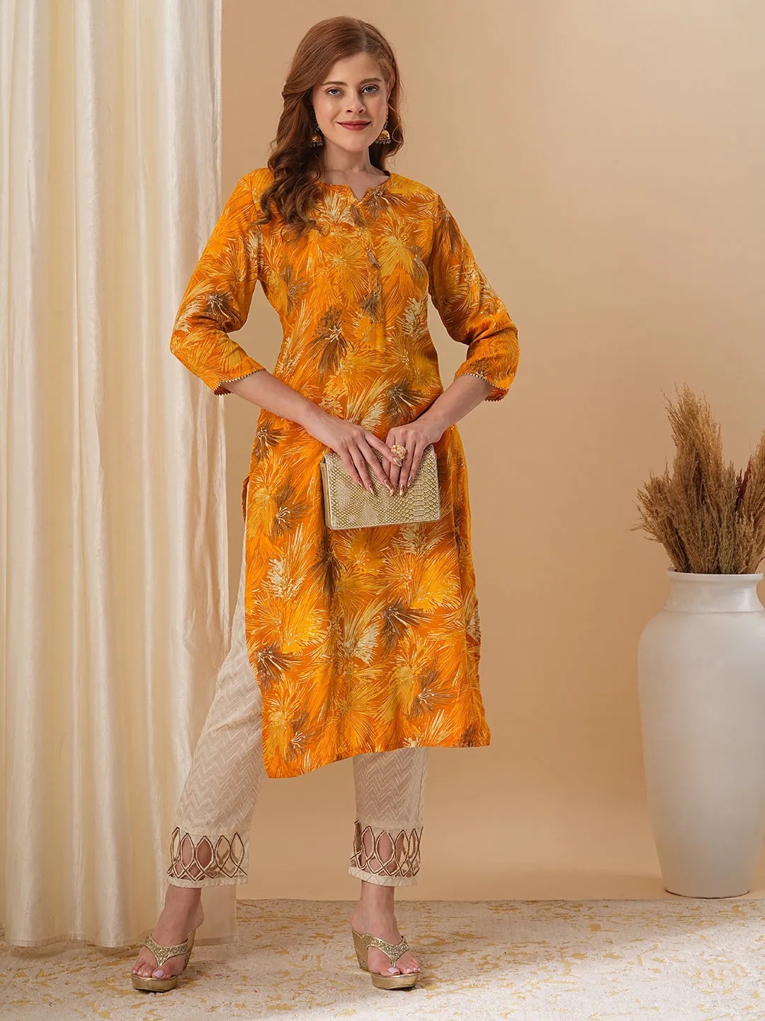 Abstract Floral Foil Printed Straight Fit Kurta - Mustard