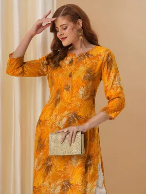 Abstract Floral Foil Printed Straight Fit Kurta - Mustard