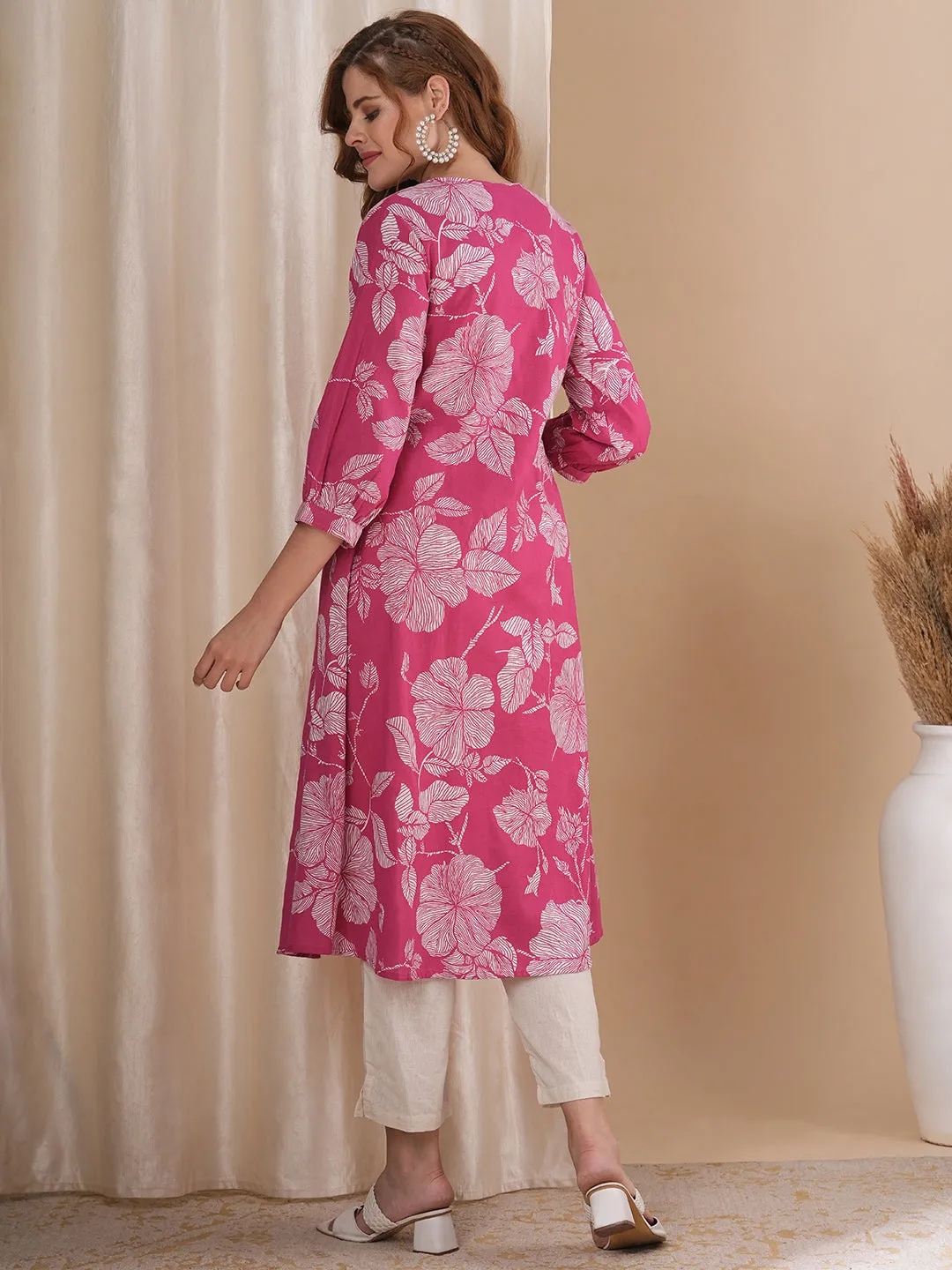 Abstract Floral Printed A-Line Kurta with Pant - Pink