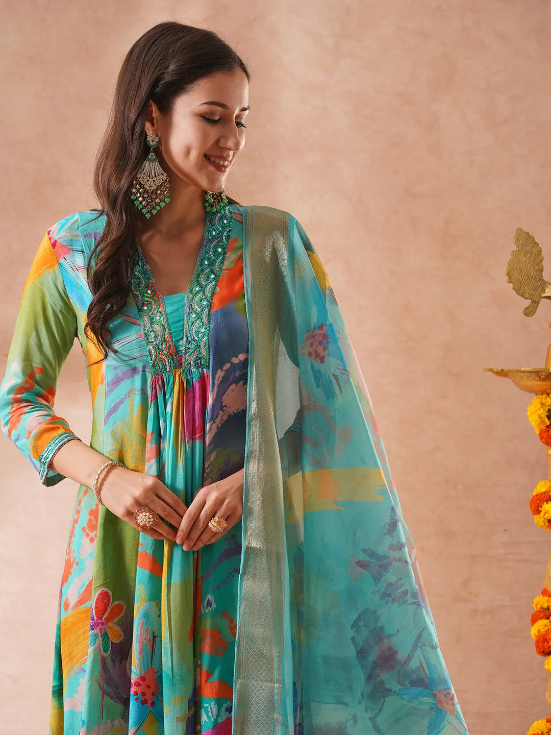 Abstract Floral Printed A-Line Paneled Kurta with Pant & Dupatta - Turquoise Blue