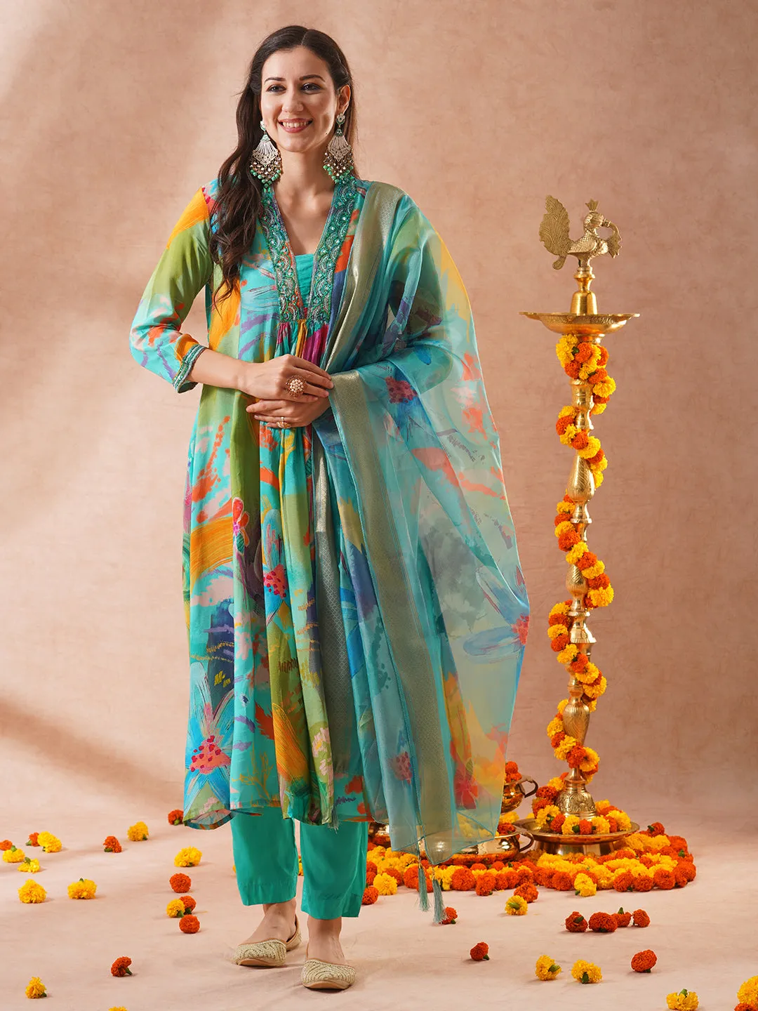 Abstract Floral Printed A-Line Paneled Kurta with Pant & Dupatta - Turquoise Blue