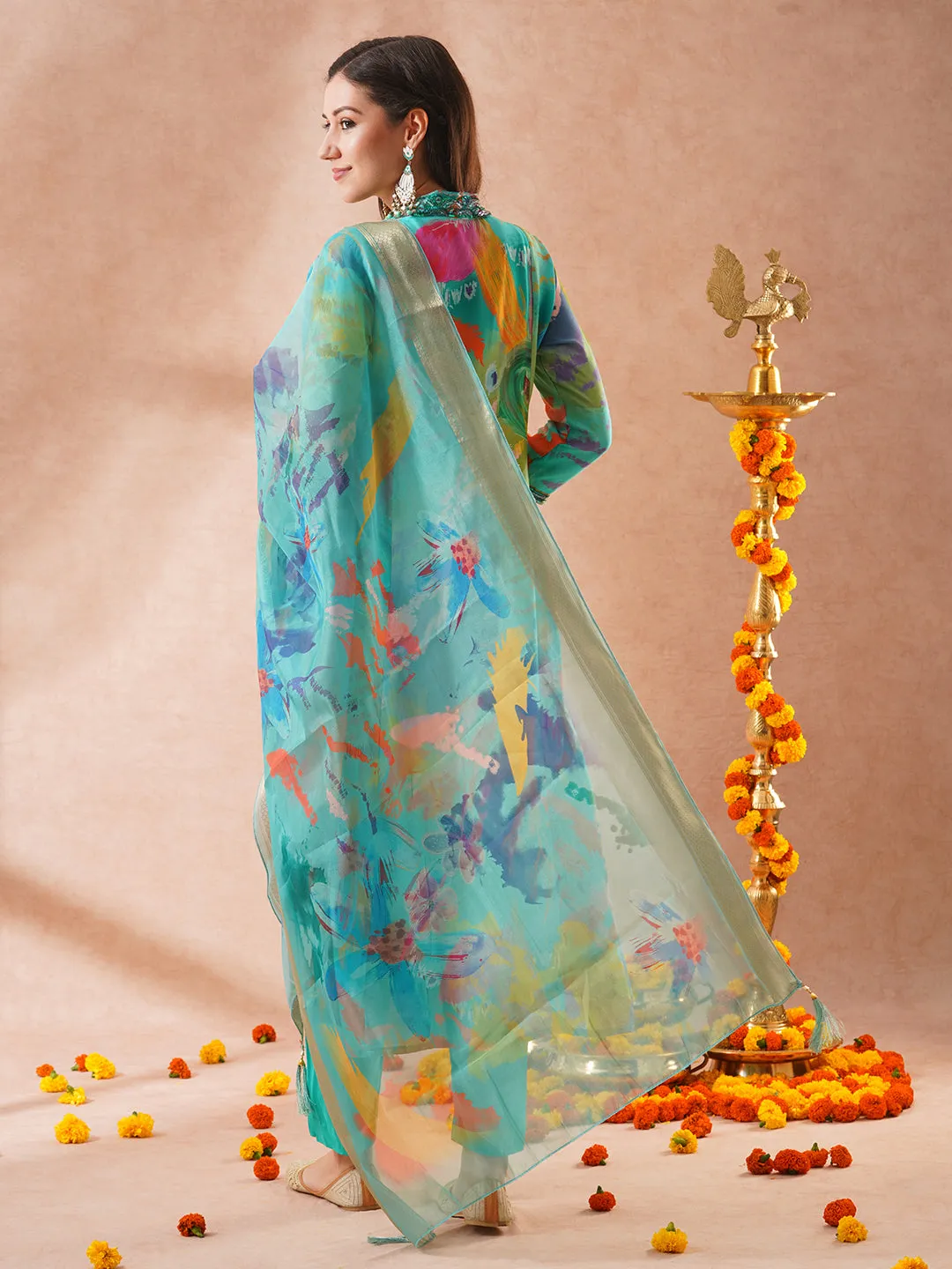 Abstract Floral Printed A-Line Paneled Kurta with Pant & Dupatta - Turquoise Blue