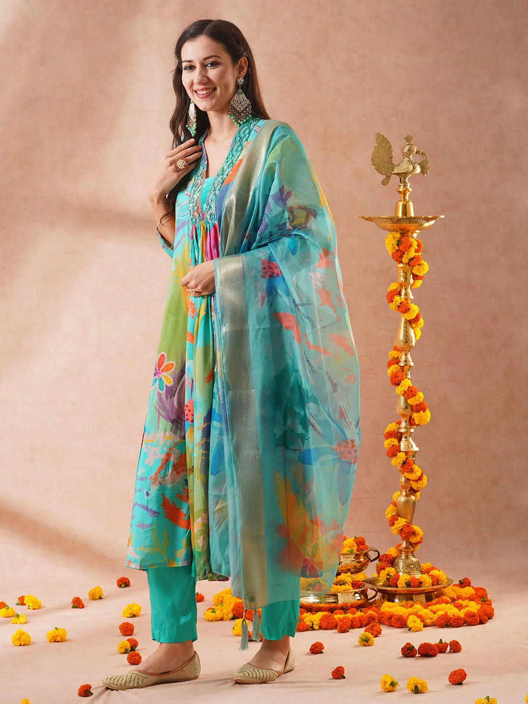 Abstract Floral Printed A-Line Paneled Kurta with Pant & Dupatta - Turquoise Blue