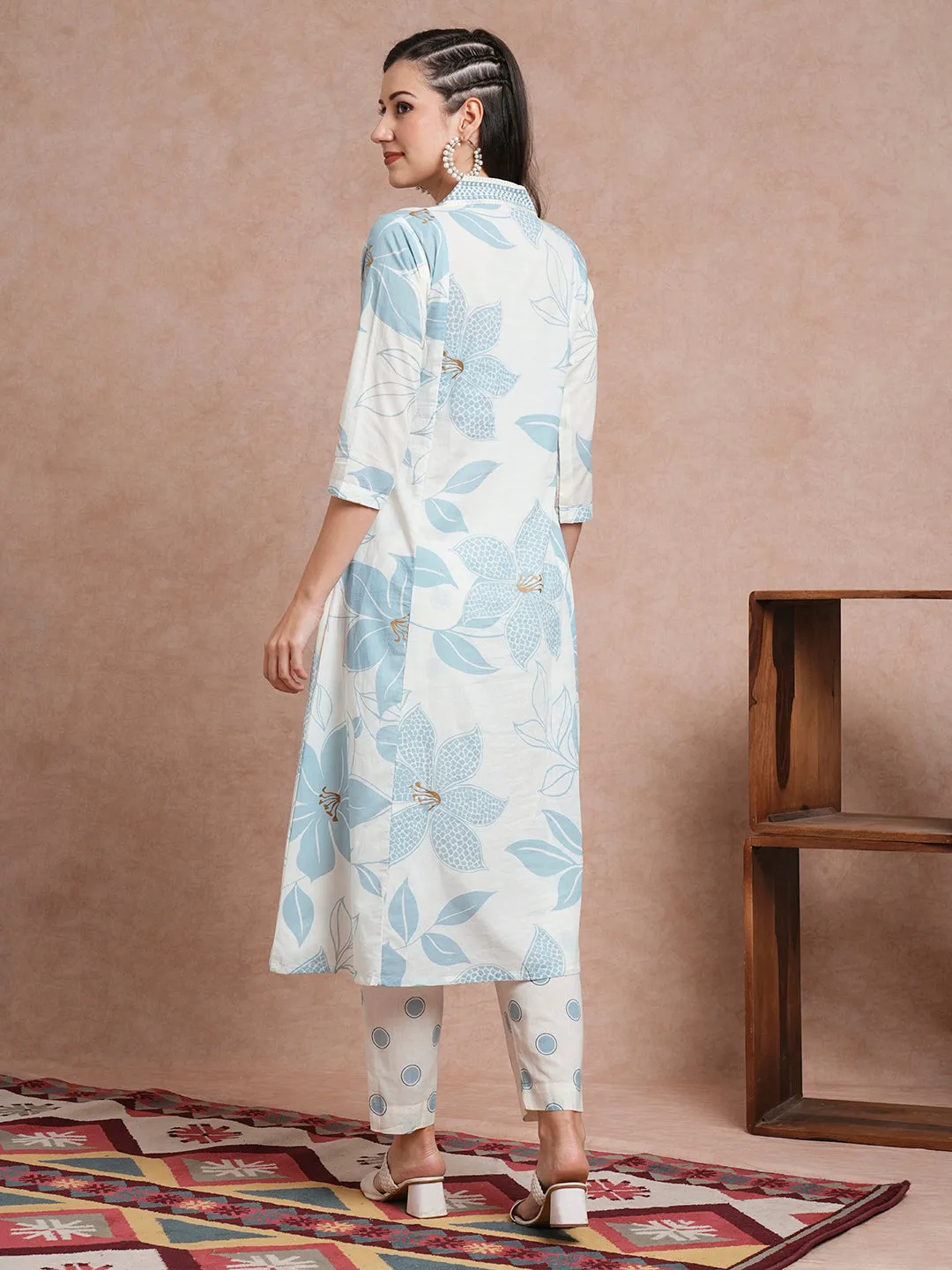 Abstract Floral Printed A-Line Paneled Kurta with Pant - Off White