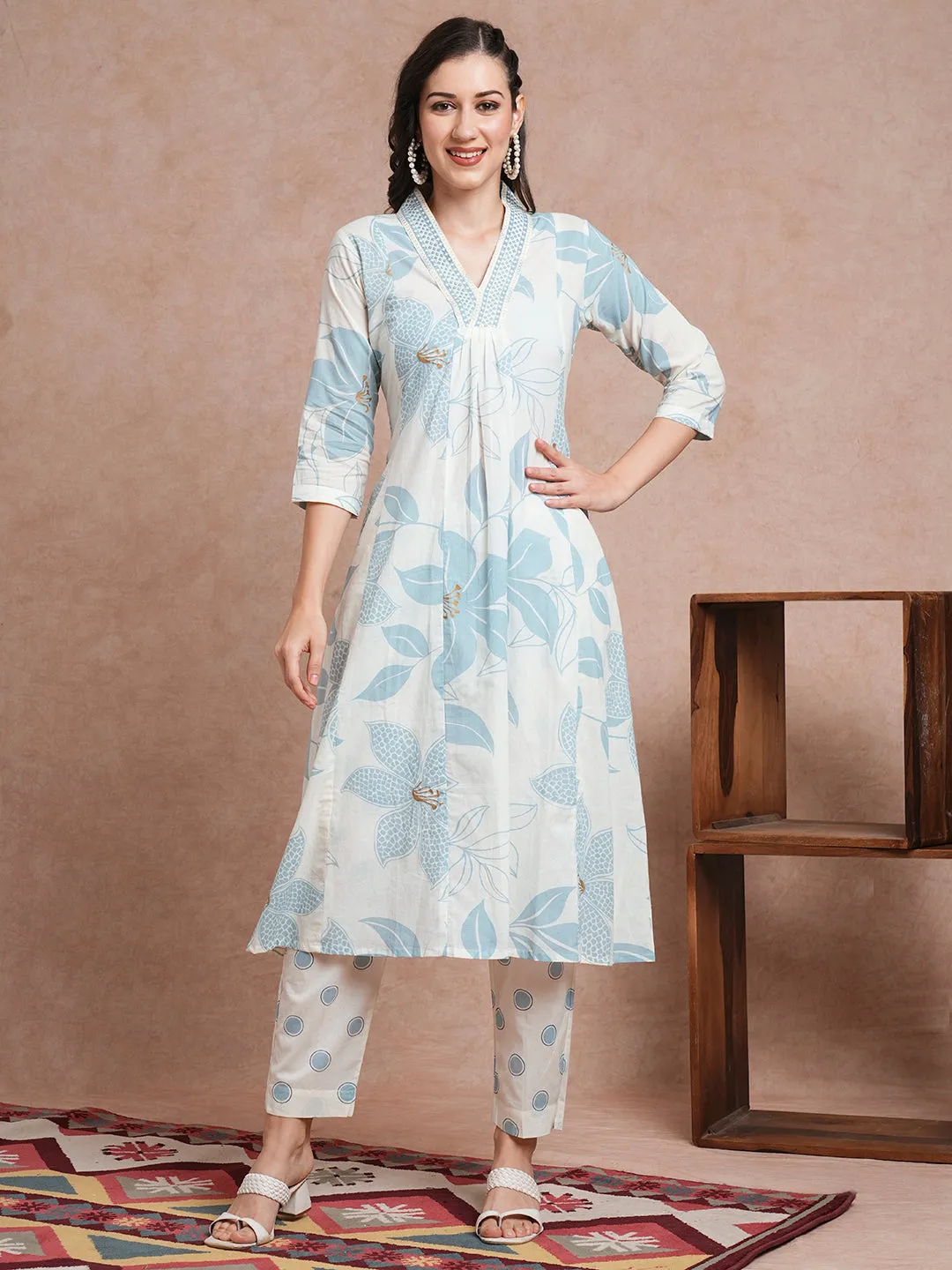 Abstract Floral Printed A-Line Paneled Kurta with Pant - Off White