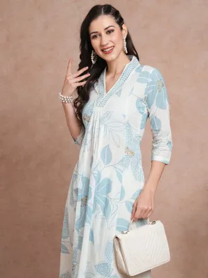 Abstract Floral Printed A-Line Paneled Kurta with Pant - Off White