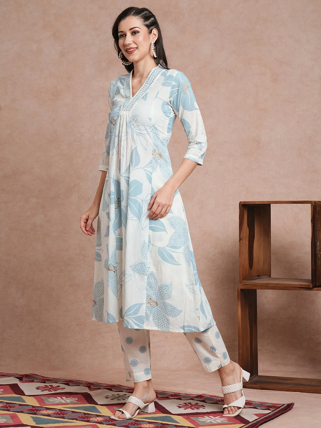 Abstract Floral Printed A-Line Paneled Kurta with Pant - Off White