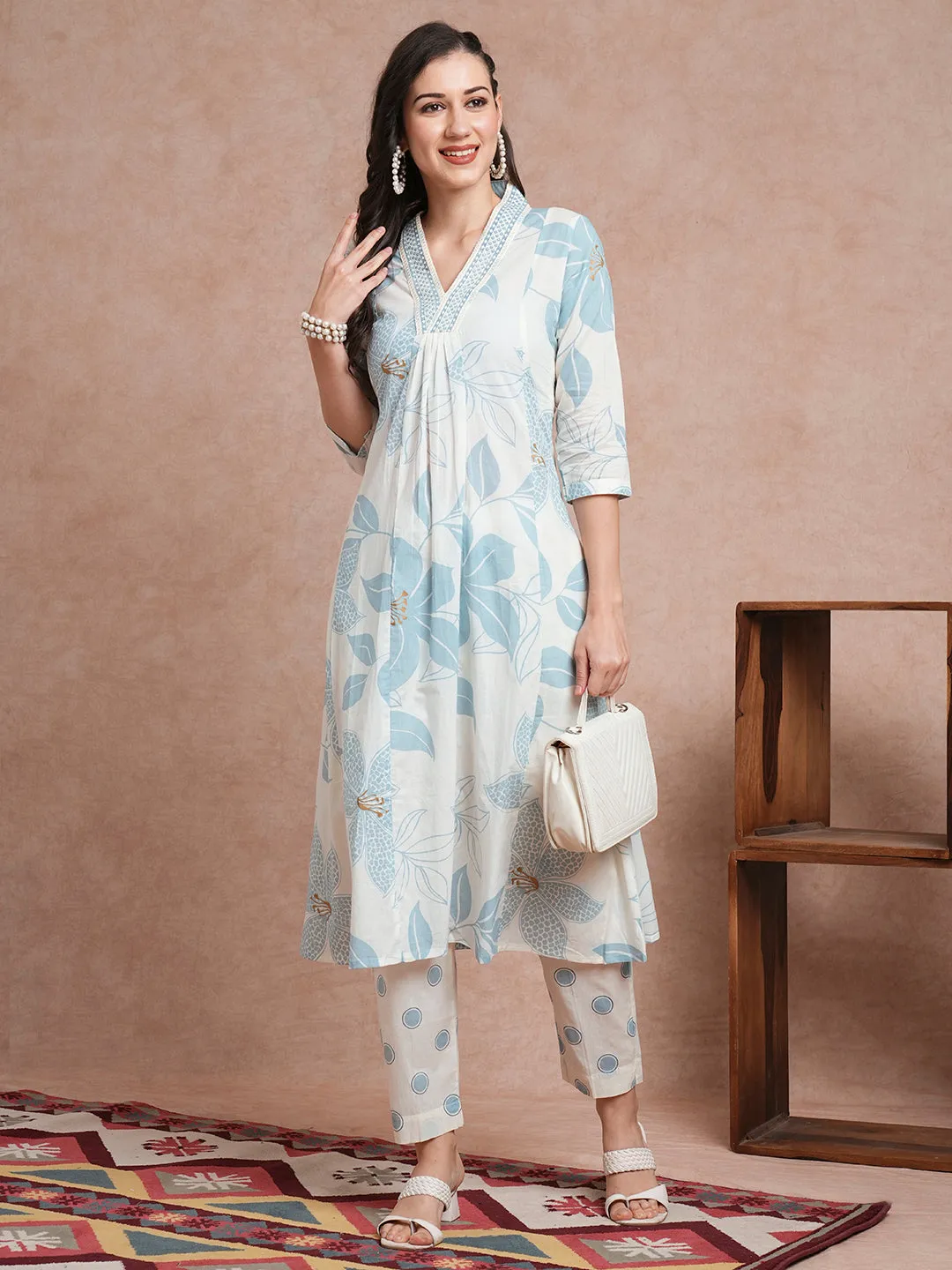 Abstract Floral Printed A-Line Paneled Kurta with Pant - Off White