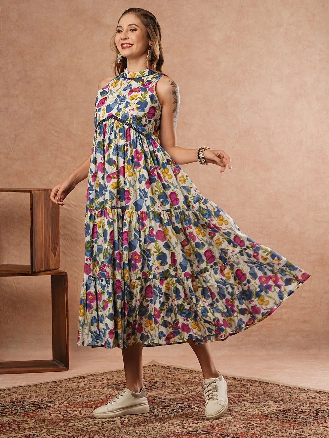 Abstract Floral Printed A-Line Tiered Midi Dress - Multi