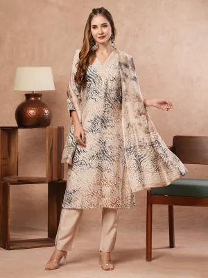 Abstract Floral Printed & Embroidered Straight Kurta with Pant & Dupatta - Beige