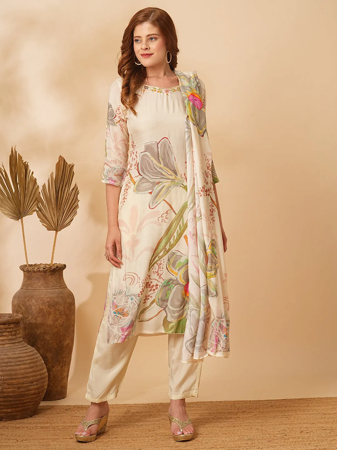 Abstract Floral Printed & Hand Embroidered Kurta with Pant & Dupatta - Off White