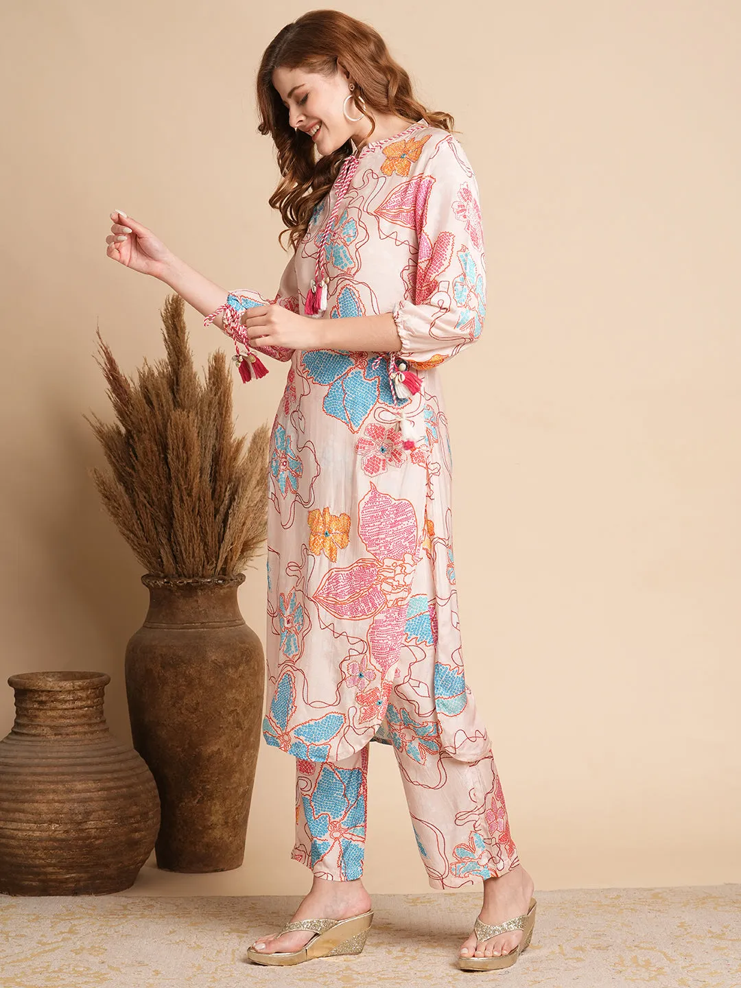 Abstract Floral Printed Straight Fit Co-ord Set - Cream