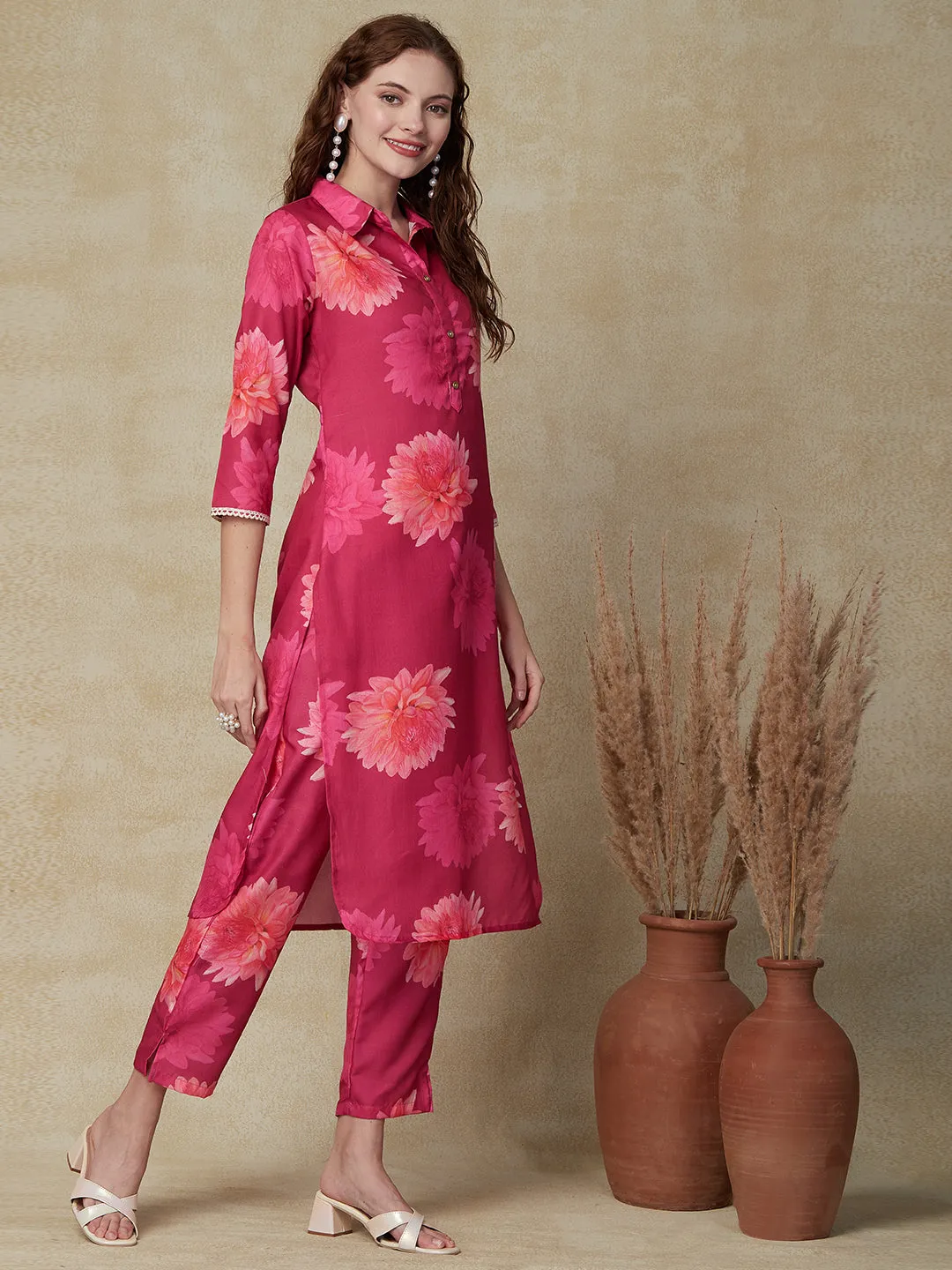 Abstract Floral Printed Straight Fit Kurta with Pant - Pink