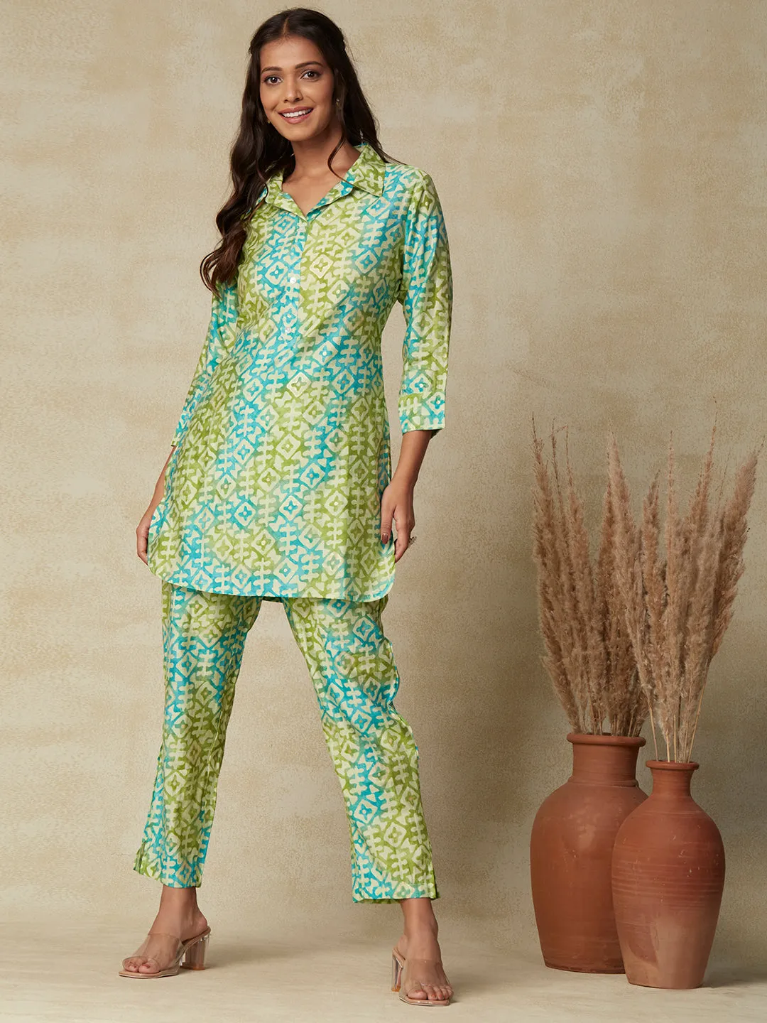 Abstract Foil Printed Mother-of-Pearl Buttoned Kurta with Pants co-ord Set - Lime Green