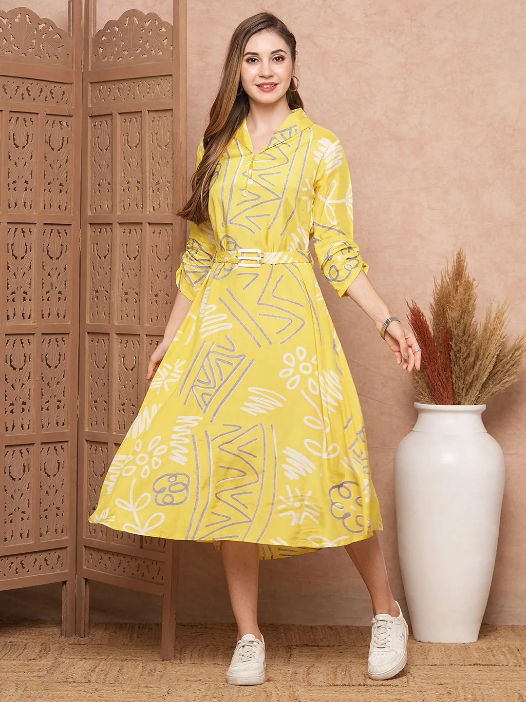 Abstract Geometric Printed A-Line Midi Dress & with a Belt- Yellow