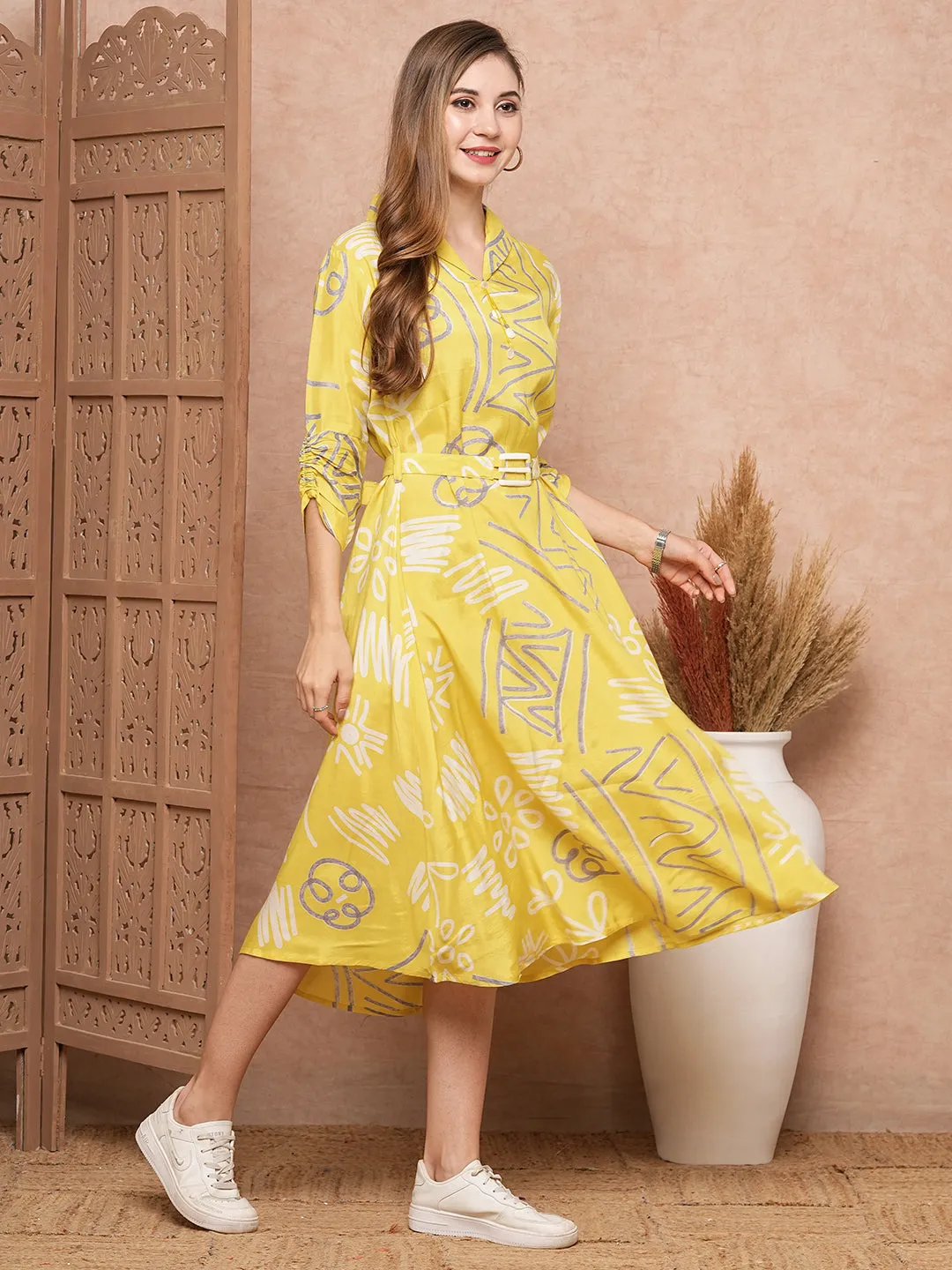 Abstract Geometric Printed A-Line Midi Dress & with a Belt- Yellow