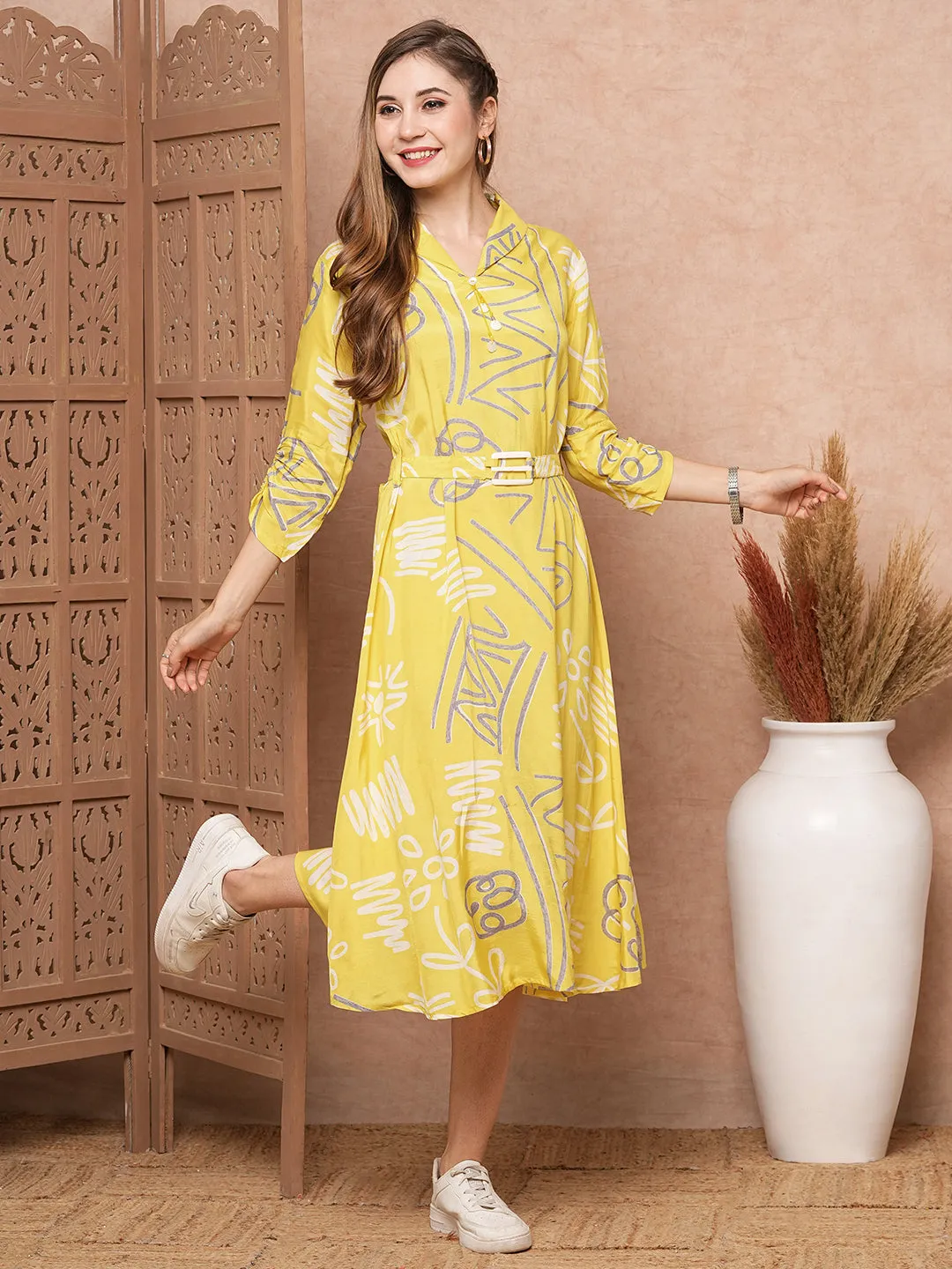 Abstract Geometric Printed A-Line Midi Dress & with a Belt- Yellow