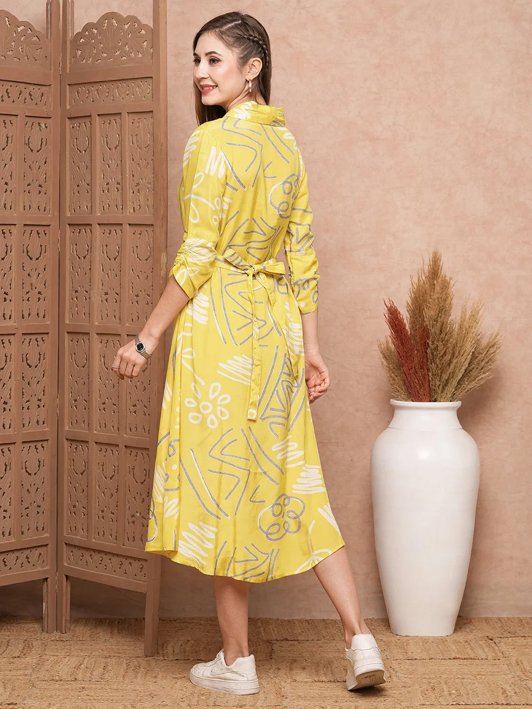 Abstract Geometric Printed A-Line Midi Dress & with a Belt- Yellow