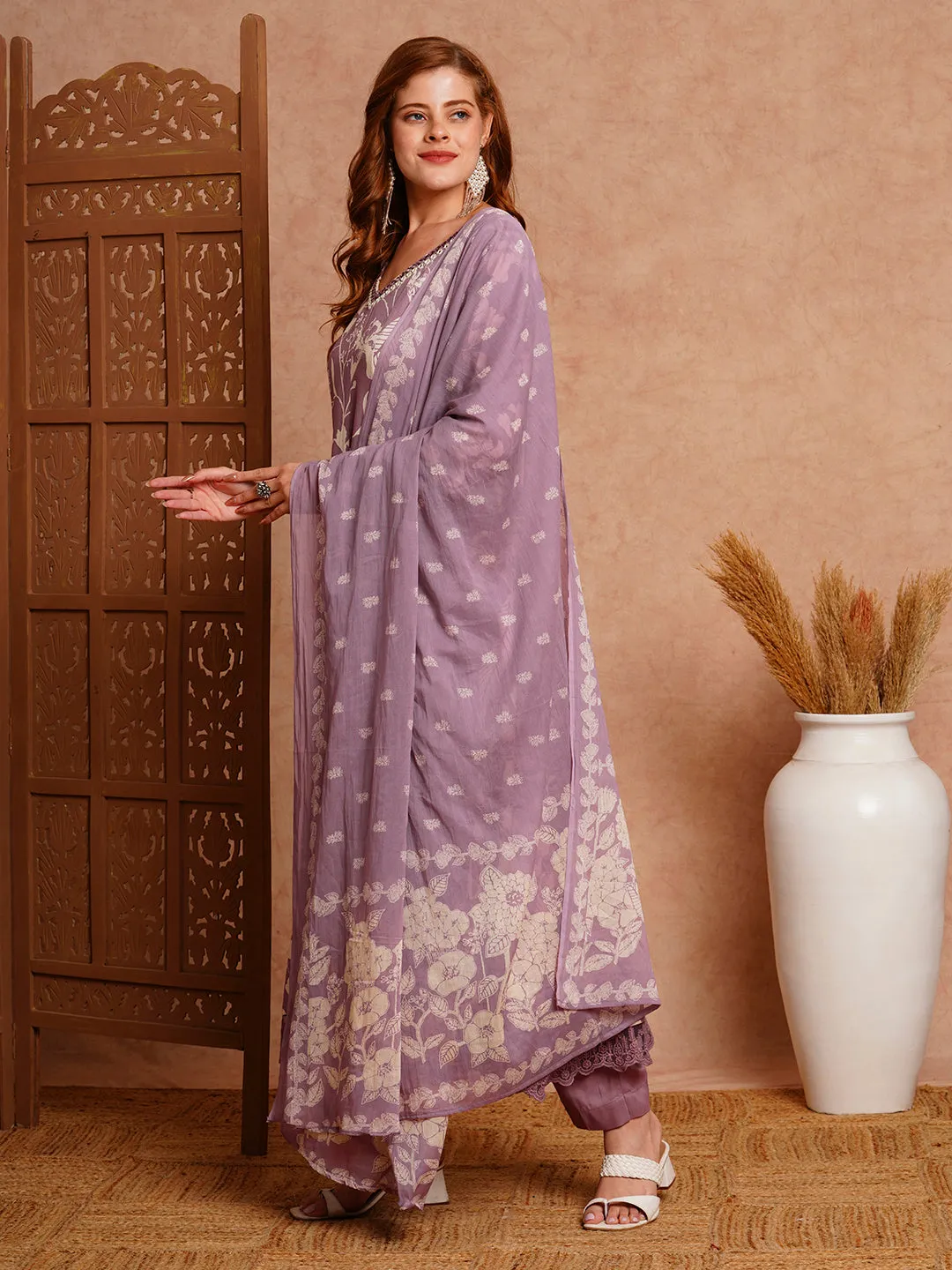 Abstract Printed & Embroidered Anarkali with Pant & Dupatta - Lavender