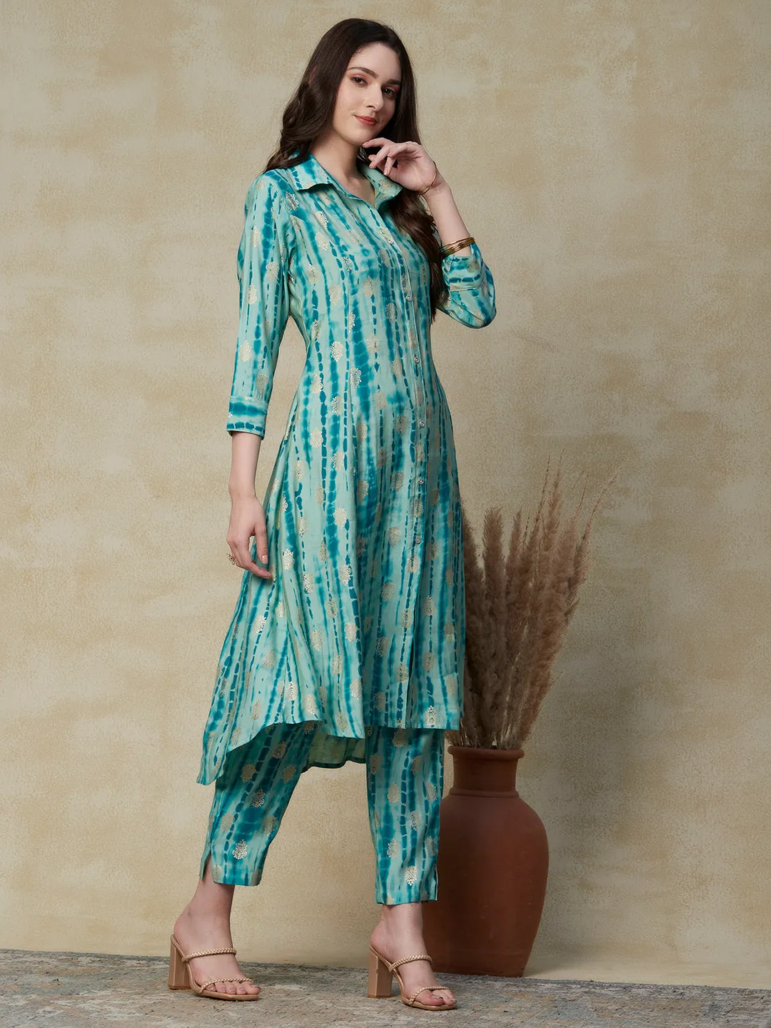 Abstract Printed & Ethnic Foil Printed Asymmetric Hem Paneled Kurta & Pants - Turquoise Blue