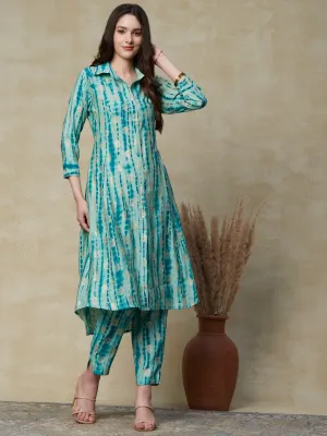 Abstract Printed & Ethnic Foil Printed Asymmetric Hem Paneled Kurta & Pants - Turquoise Blue