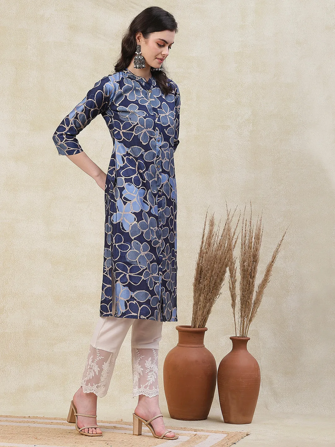 Abstract Printed Metal Buttoned Kurta - Blue