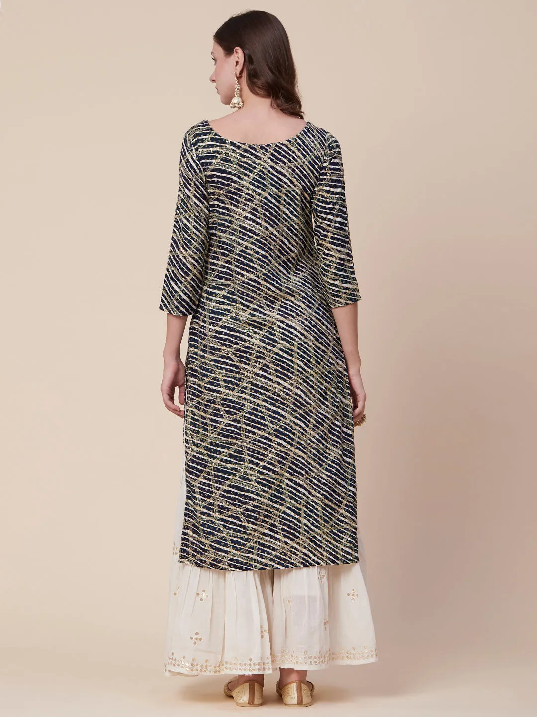 Abstract Printed Mirror, Sequins & Resham Embroidered Kurta - Navy Blue