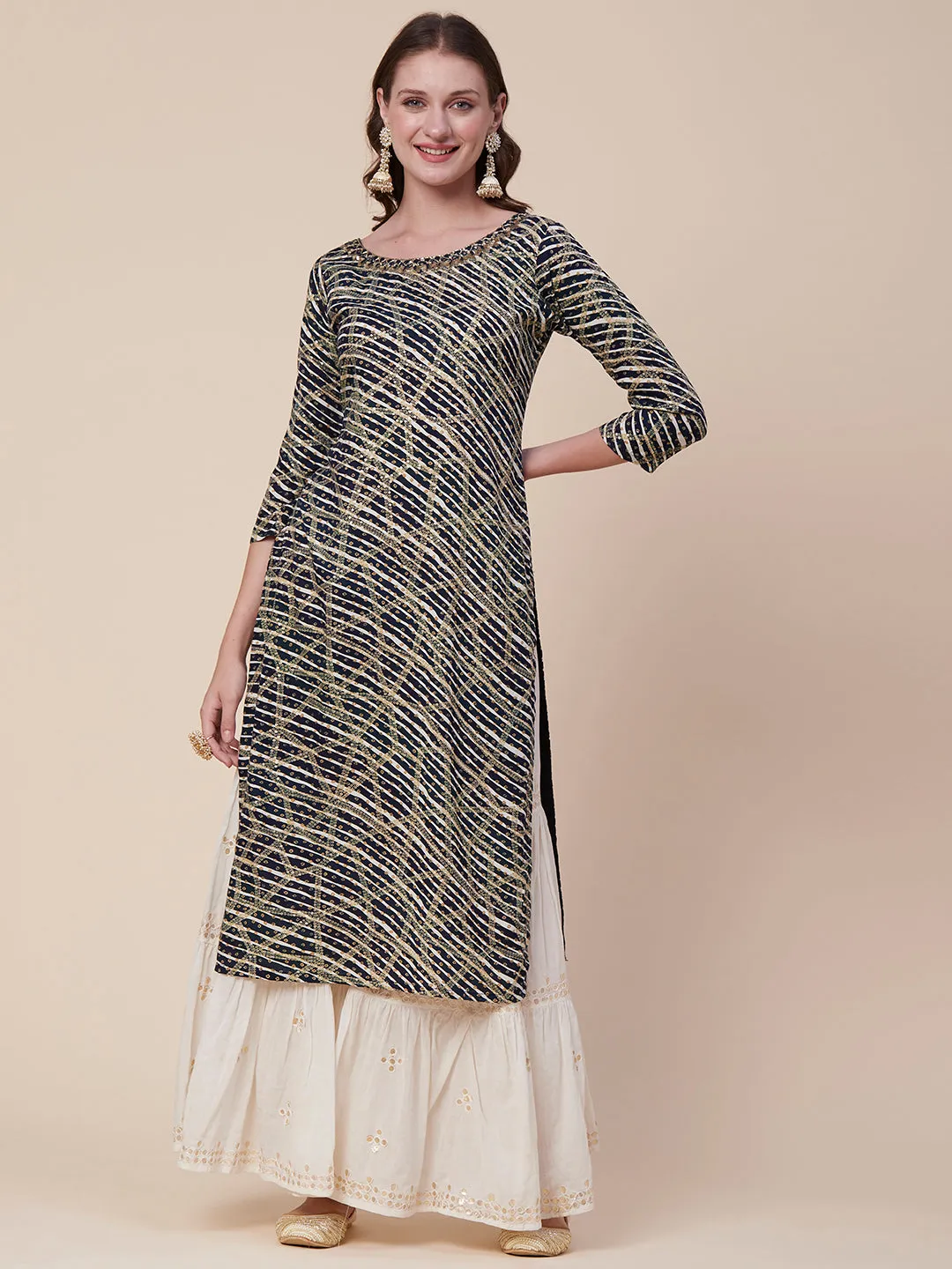 Abstract Printed Mirror, Sequins & Resham Embroidered Kurta - Navy Blue