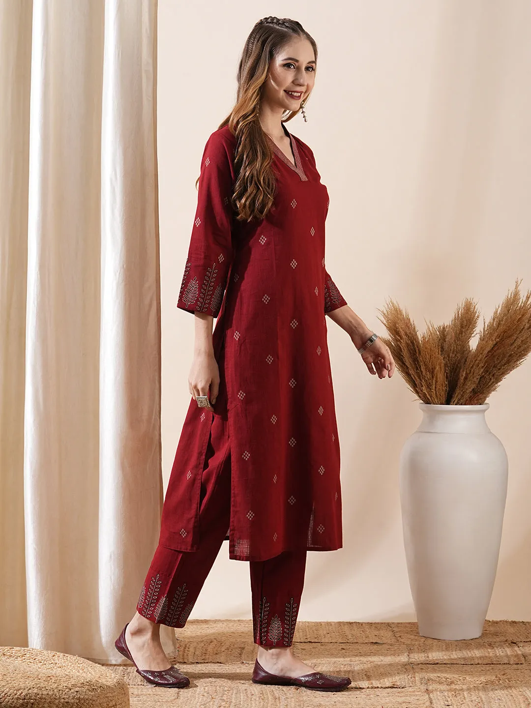 Abstract Printed Resham Top-Stitched Kurta with Pants - Maroon